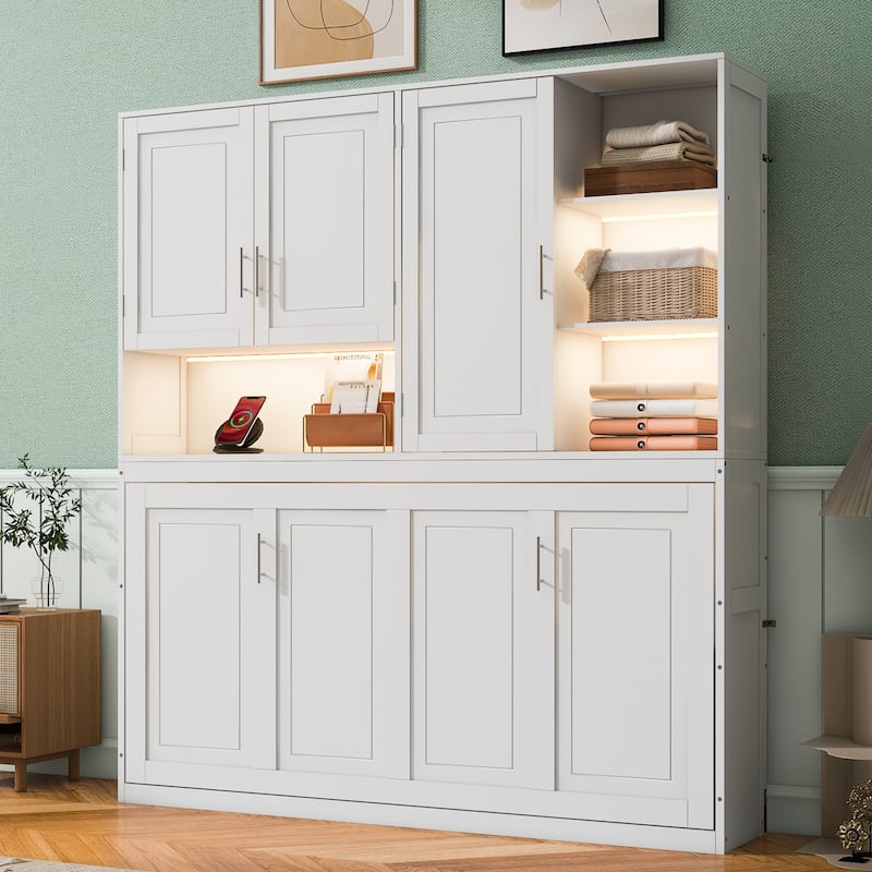 Twin Size Foldable Murphy Bed All-in-one Wall Bed Cabinet with Open Shelves, Top Cabinet, Lights, USB Port and Power Outlets
