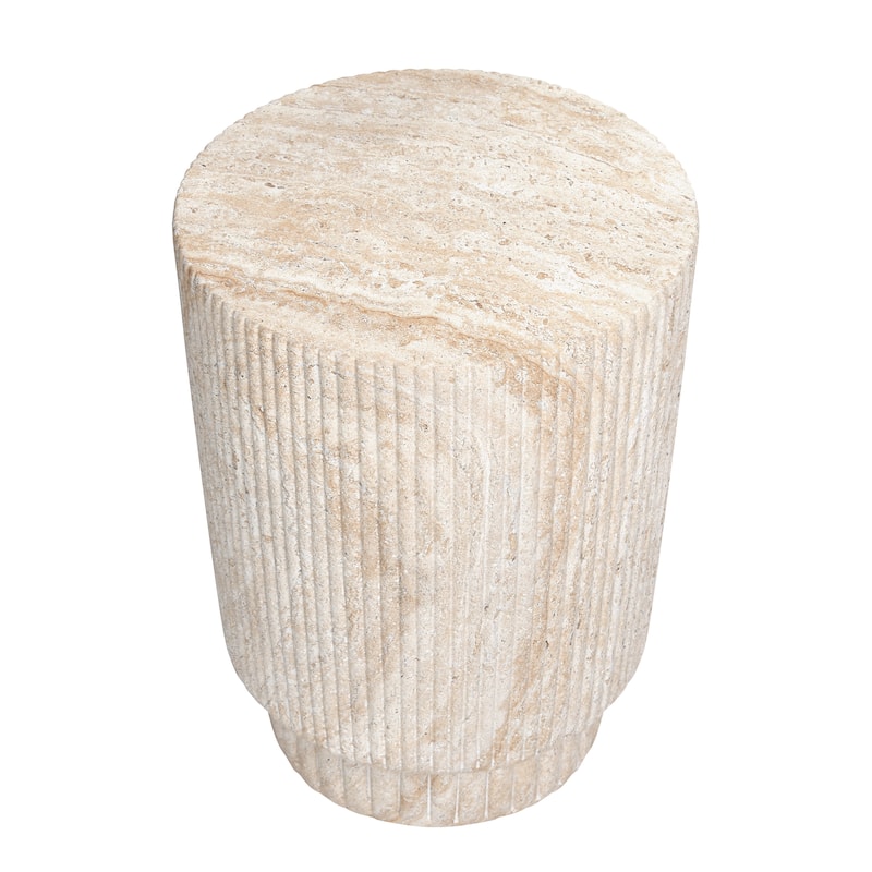 Column Travertine Stone Finish Italian Design MgO Side Accent Table - 13.3"x13.3"x18.7"
