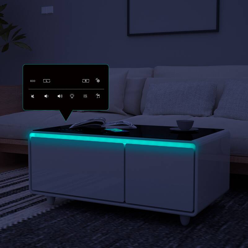 Modern Smart Coffee Table with Built-in Fridge Bluetooth Speaker Touch Control Panel Atmosphere light, for Living Room