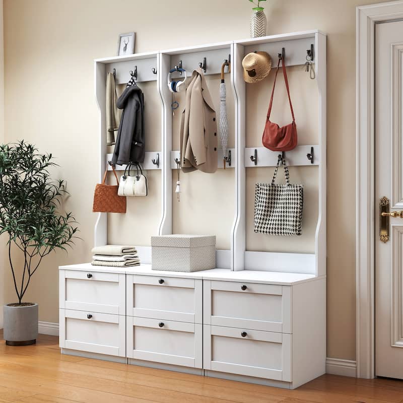 Anmytek 2-in-1 Wood Coat Rack Nightstand Storage Organizer with Drawer and Hooks Freestanding Clothes Hanger