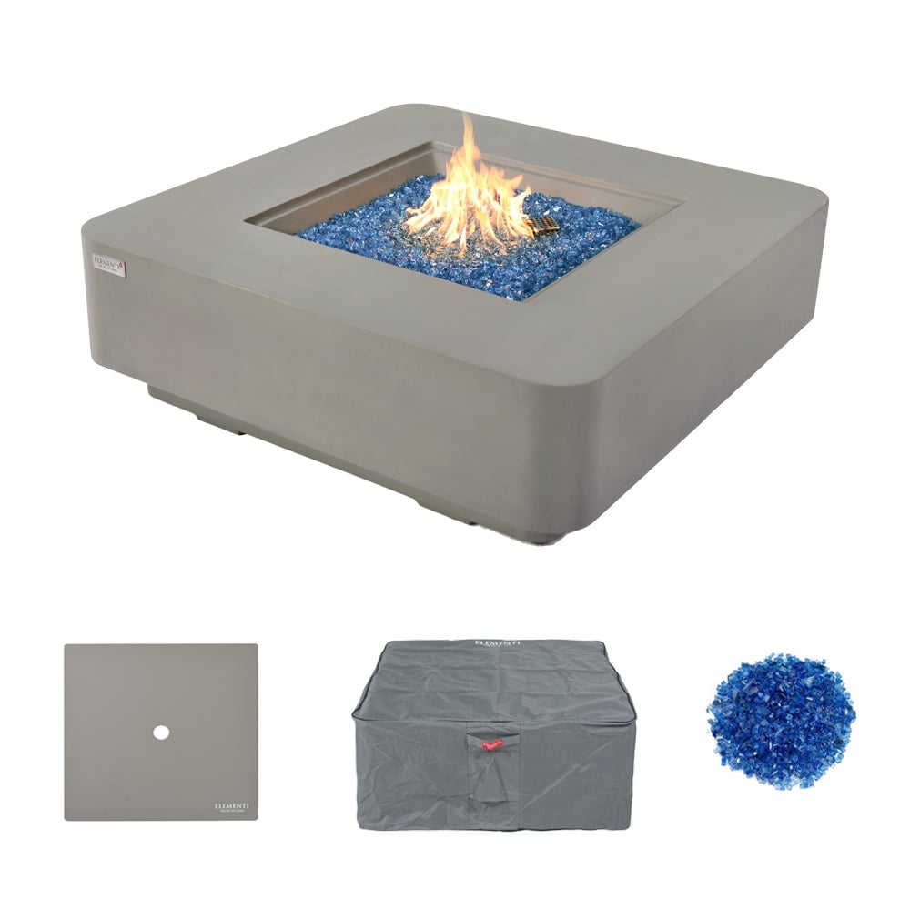 Elementi Plus Lucerne Outdoor Fire Pit Table Concrete Square 60000 BTU - 42.1 x 42.1 inches with Lid, Fire Glass, and Cover