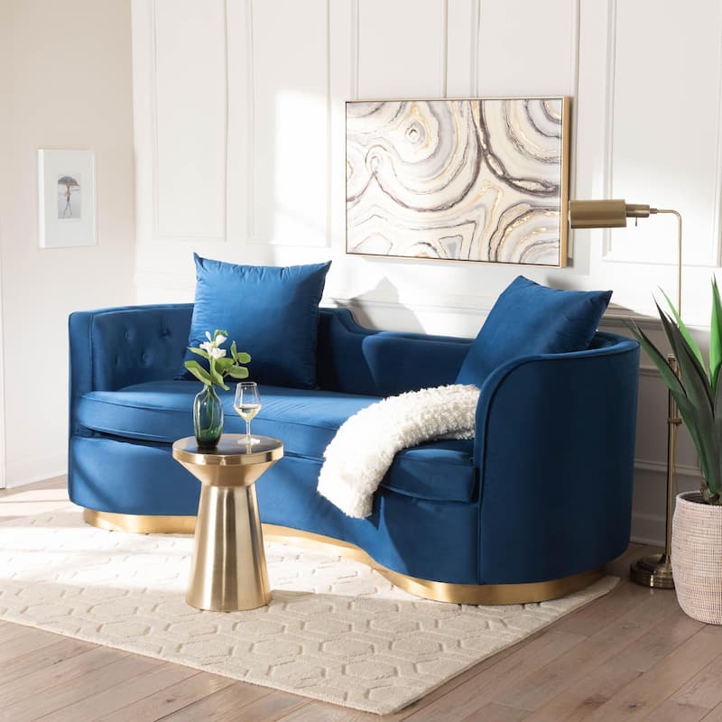 Deserae Glam and Luxe Navy Blue Velvet and Brushed Gold Metal Sofa