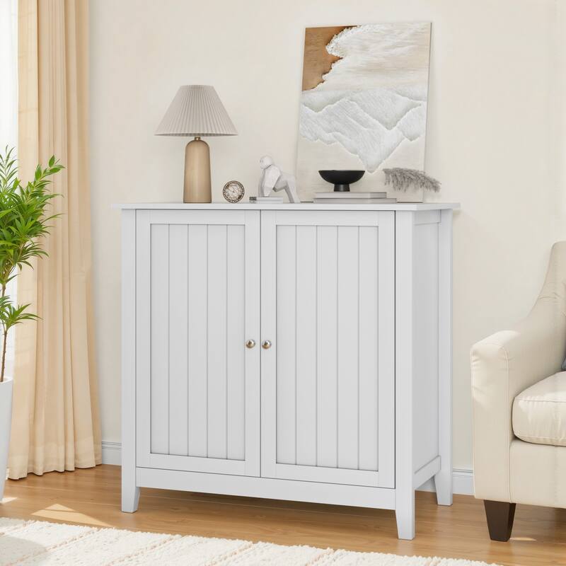 Mid-Century Modern Freestanding White Double Door Storage Cabinet - White