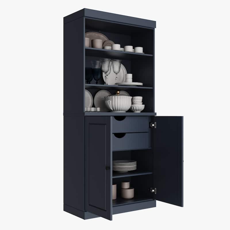 100% Solid Wood Kitchen Pantry Cabinet with 2 Clear Glass or Solid Wood Doors and 2-Drawer Organizer by Palace Imports