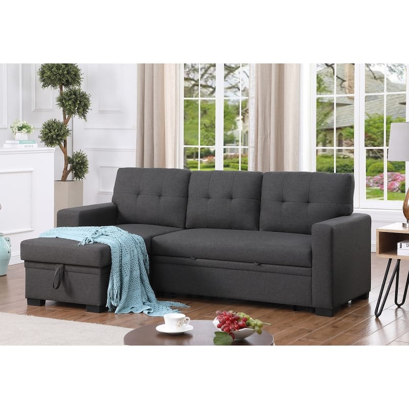Linen L-Shaped Convertible Sectional Sofa Bed with Storage and Wooden Accent