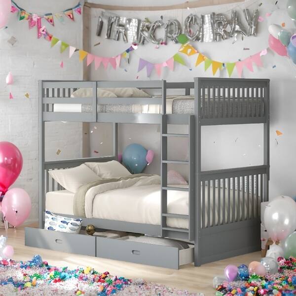 slide 2 of 18, Twin-Over-Twin Classic Wooden Bunk Bed with Storage Gray