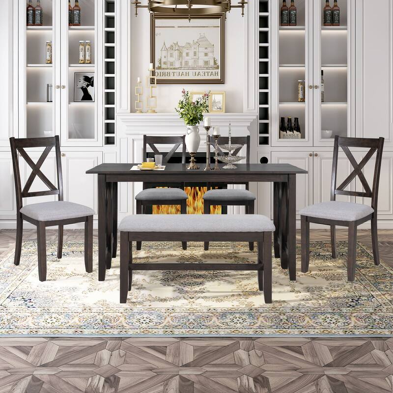 6-Piece Family Dining Set with Foldable Table and 4 Chairs and Bench
