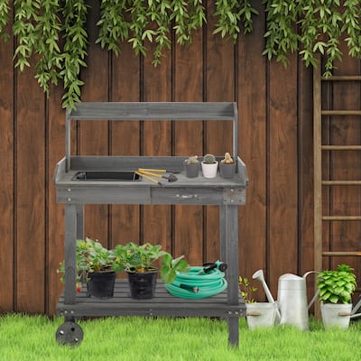 Wooden Potting Bench Work Table with 2 Detachable Wheels & Removable Sink, Outdoor Garden Workstation Table