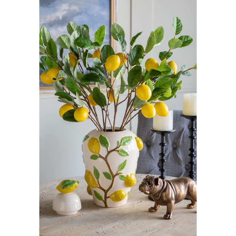 8.7x8.7x15" White Ceramic Lidded Jar with Playful Lemon Design