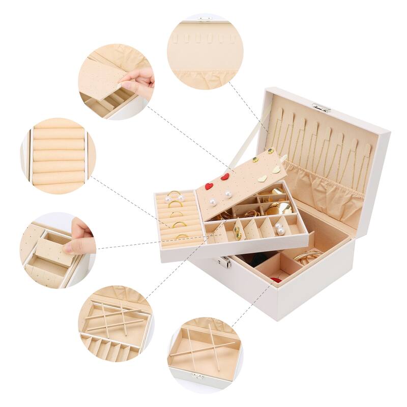 2 Layer Jewelry Box with Mirror for Women Girls, PU Leather Jewelry Organizer Case Storage Display Holder - 23x17x8.8cm