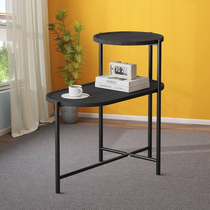 Minimalist Design Two-Tier End Table with Adjustable Foot Pads - Black