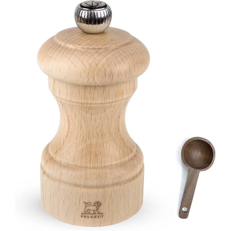 Peugeot Bistro Manual Pepper Mill, Natural Wood 10 cm - 4in - With Wooden Spice Scoop - tan - 2 Piece