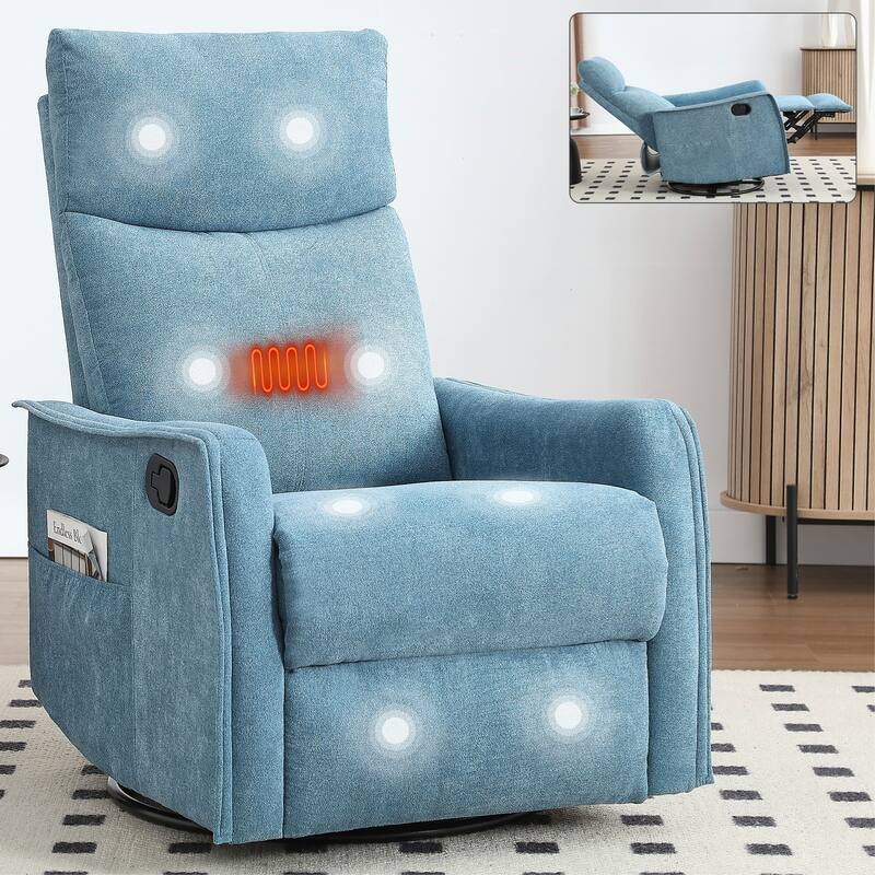 Roomfitters Swivel Rocker Recliner Chair, Manual Massage Glider Armchair with Heat & Vibration, Fabric Living Room Sofa