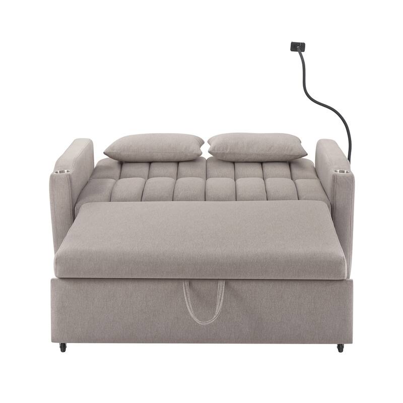 55.9" Convertible Sofa Bed Loveseat with USB Ports, Side Pockets, Cup Holders & Phone Holder, Light Grey, Polyester