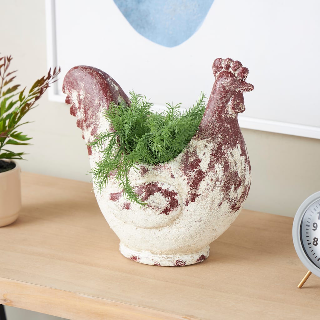 White Magnesium Oxide Rooster Indoor Outdoor Planter with Rust Colored Distressed Details