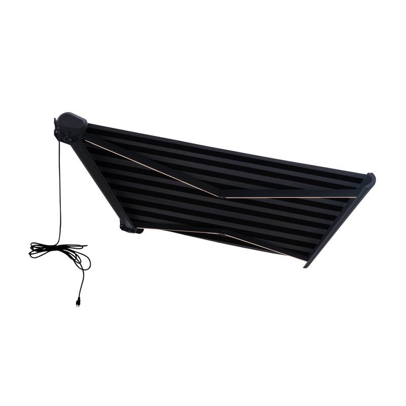 Italian Full Cassette Motorized Patio Awning with App and Remote Control - Nero/Grigio Black & Gray Striped - 12 x 10 Feet