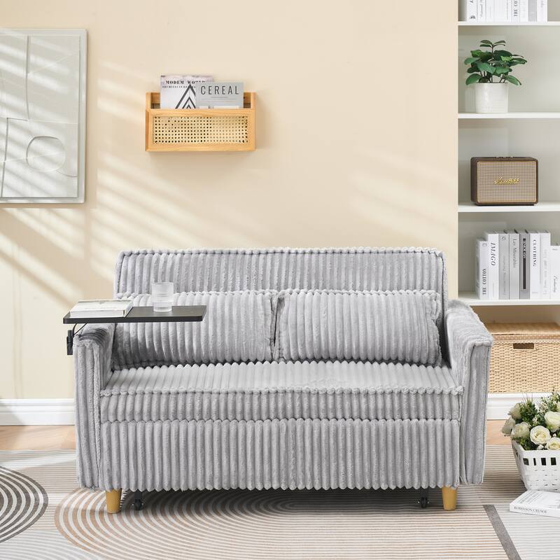 Gray Corduroy Pull-out Sofa with Movable Tabletop and USB Ports
