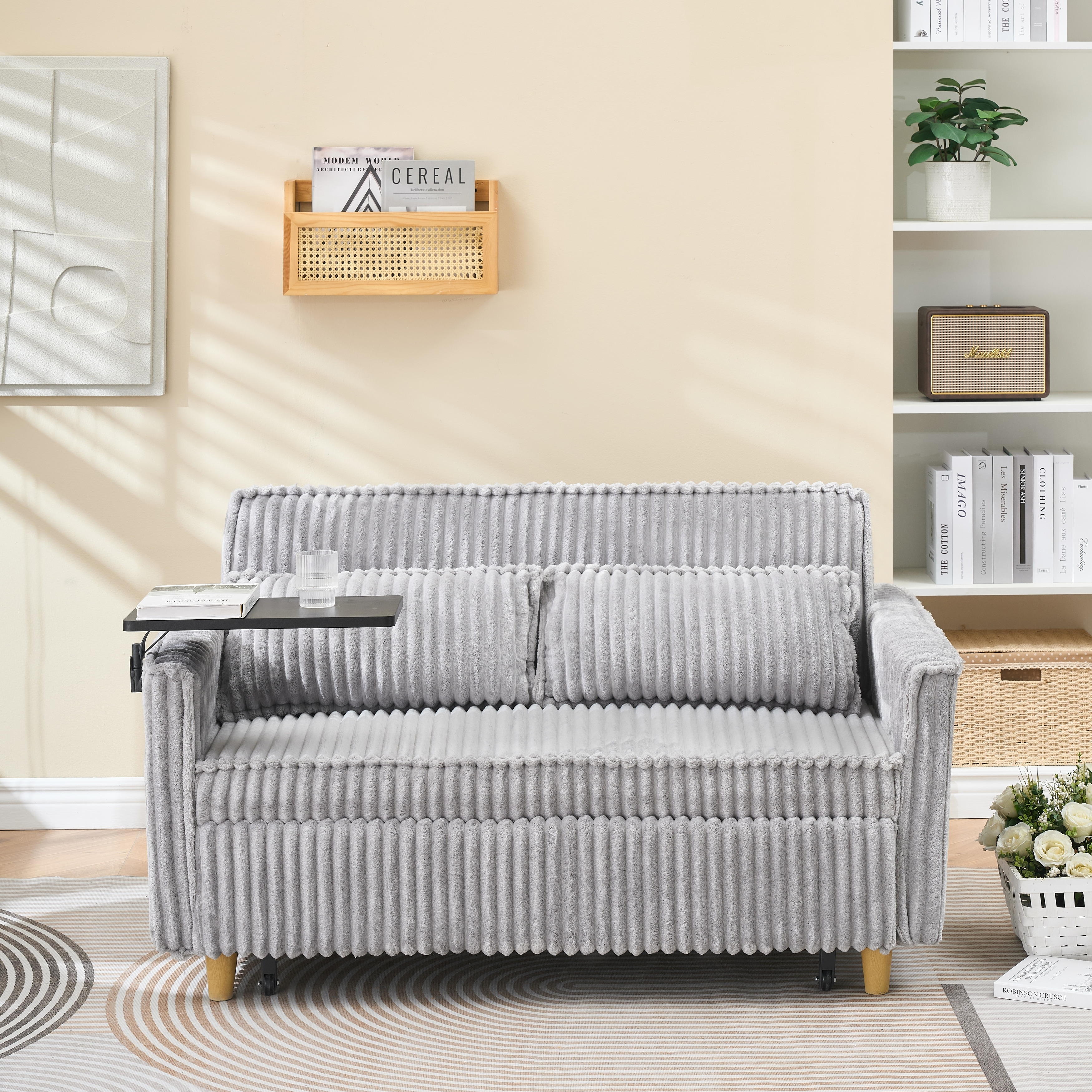 Sleeper Sofa Gray Folding Loveseat with 2 Pillows & USB Charging, Convertible Sofa Bed Multi-Functional Loveseat