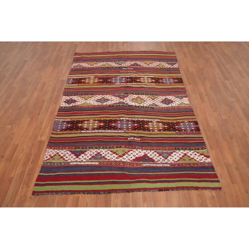 Hand Woven Oriental 100% Wool Carpet Southwestern Tribal Multi-Colored Kilim Area Rug - 7' 4'' X 4' 11''