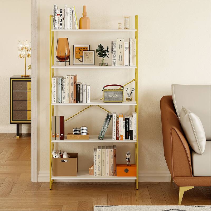 5 Tiers Wood Gold Bookshelf Modern Wide Bookcase Large Book Storage Rack White Gold