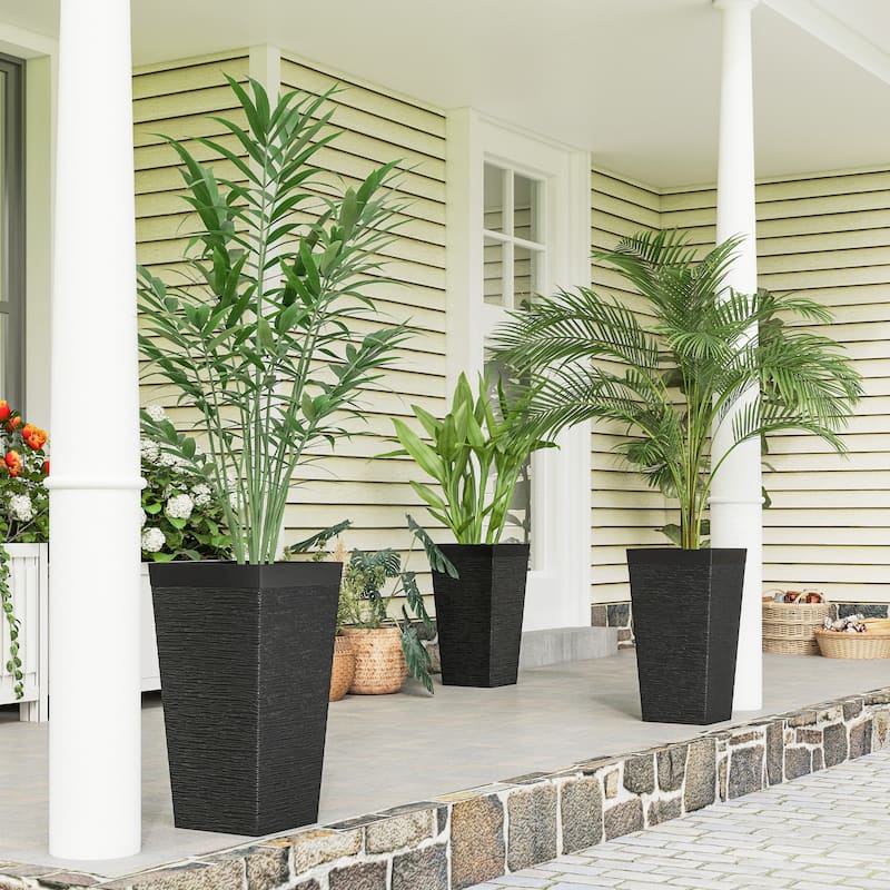 Outsunny 22.8 Inch Tall Planters for Outdoor Plants, Set of 3 Plastic Flower Pots with Stone Finish and Wheels - Black