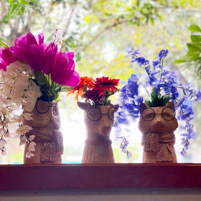 Set Of 3 Bespectacled Animal Vases Fox Owl Deer Gold Accent Knit