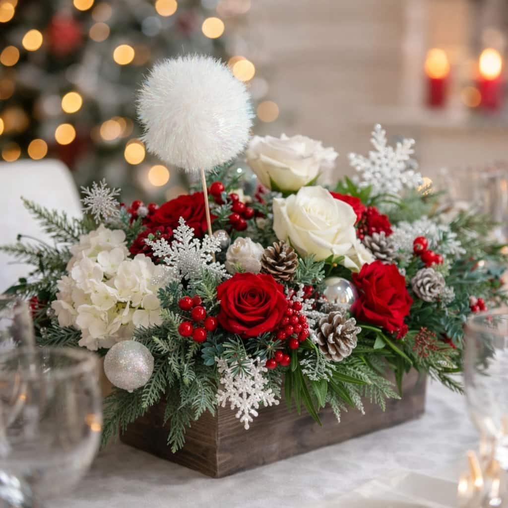 Iridescent Glittered Pom Pom Christmas Pick Spray - 10" - White