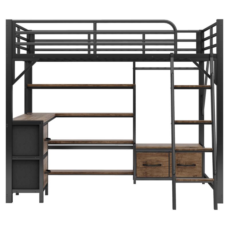 Roomfitters Full/Queen Loft Platform Bed, LED Charging Desk and Wardrobe Shelves with Metal Frame for Bedroom or Guest Room
