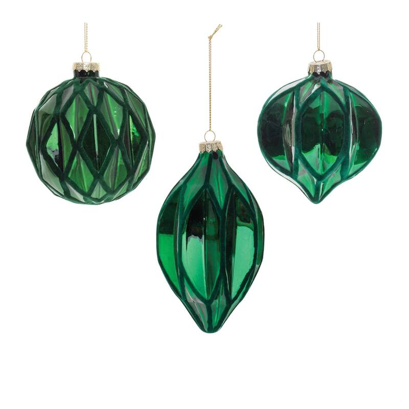 Textured Harlequin Glass Christmas Ornaments - 6" - Green - 6ct