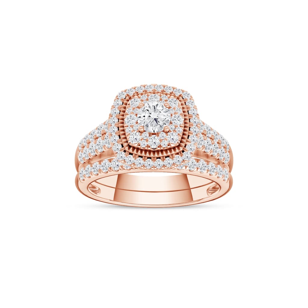 1ct TDW Diamond Cluster Halo Bridal Set in 14K Rose Gold for Women