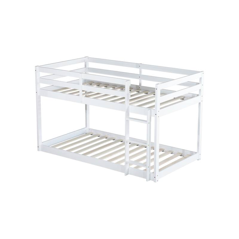 Solid Rubber Wood Twin over Twin Floor Bunk Bed with Ladder, White