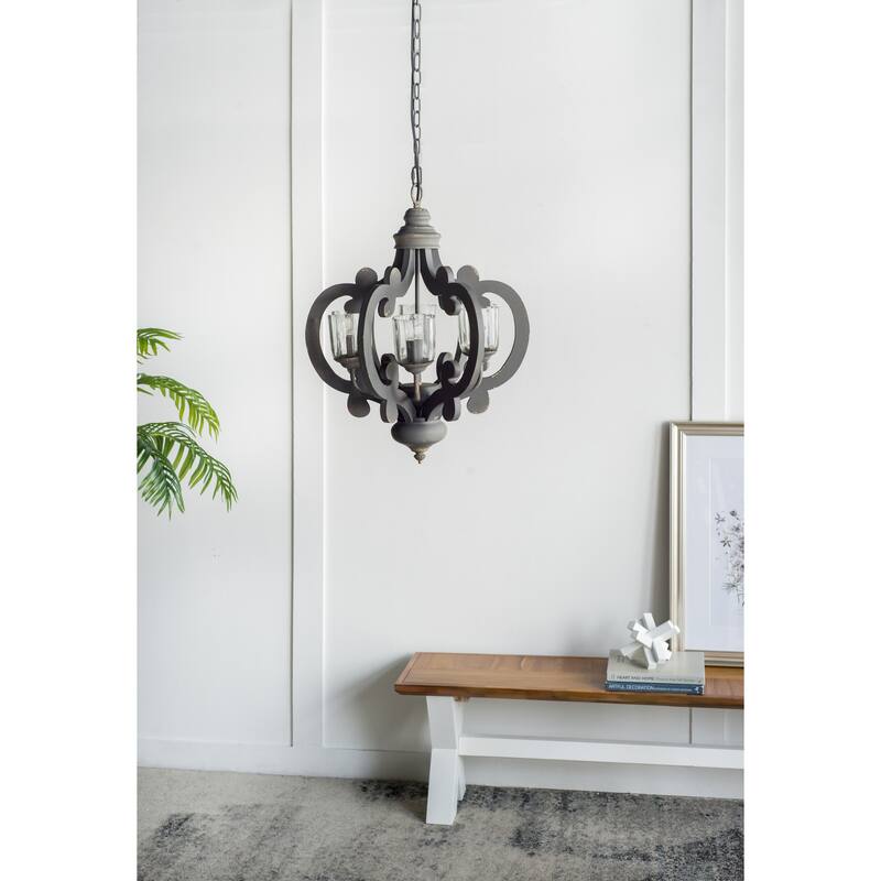 6-Light Wood Chandelier Pendant Light Fixture with Adjustable Chain for Living Room, Exquisite Chandelier Lighting - Gray