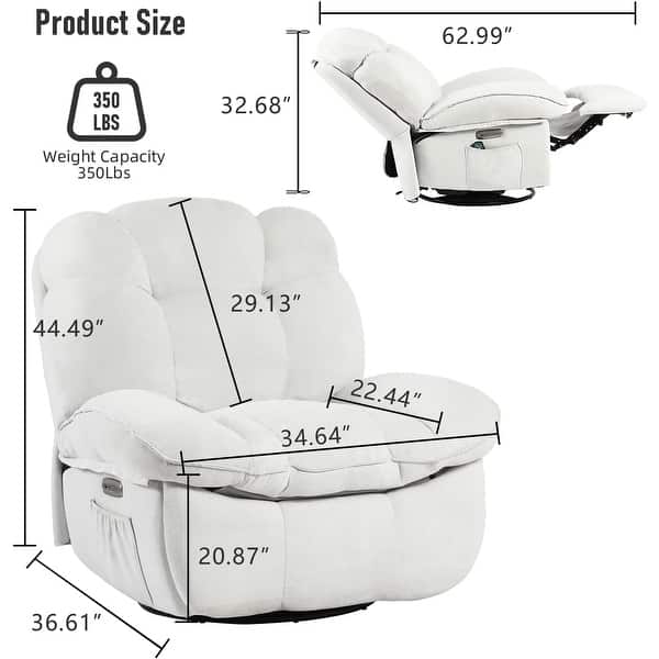 dimension image slide 2 of 3, XINMICS Swivel Power Recliner Chair, Massage Rocker Recliners with Heated ,USB, USB-C and Side Pocket