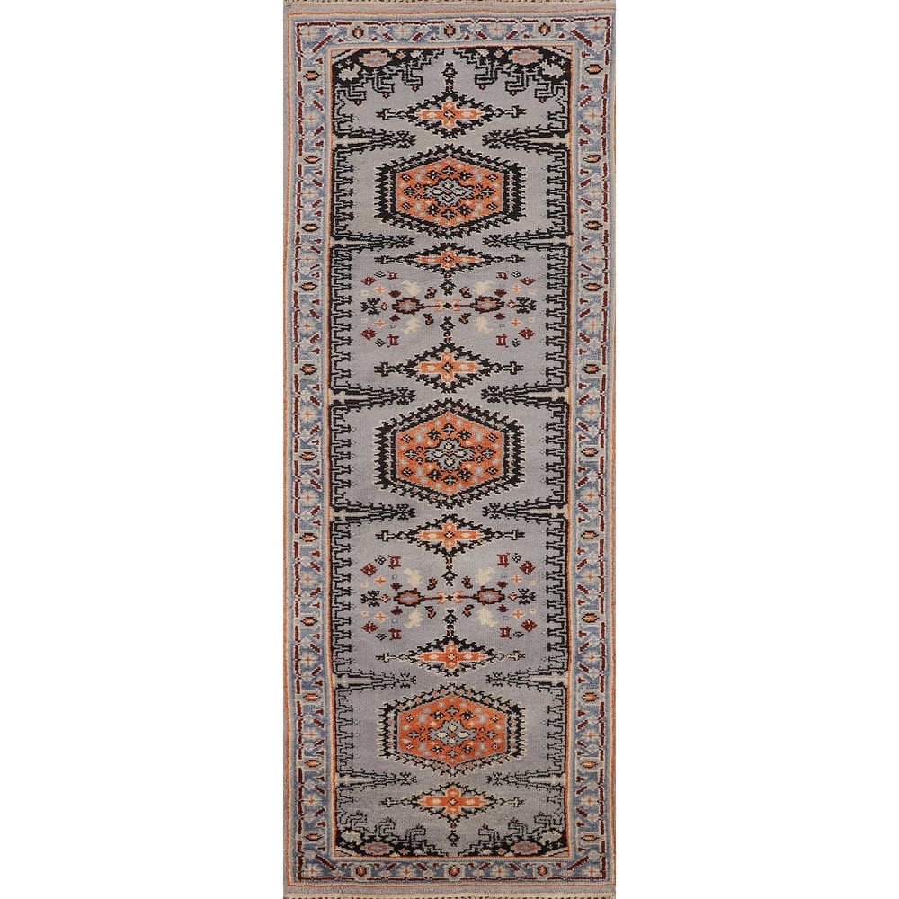 Gray Geometric Viss Indian Runner Rug Handmade Wool Carpet - 2'6"x 8'0"
