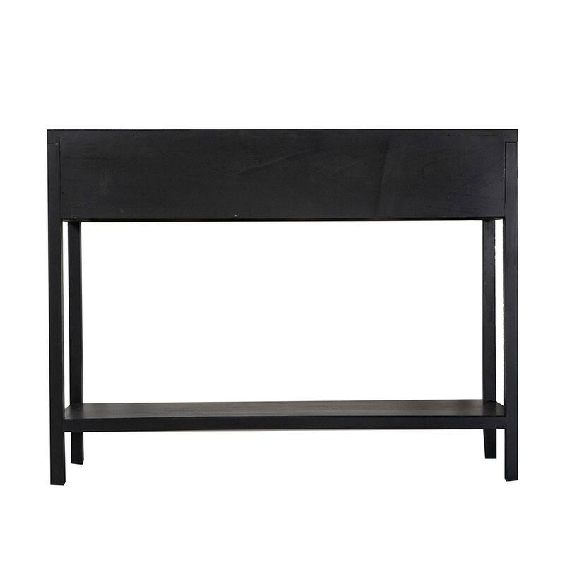Dana 39 Inch Sofa Console Table, 2 Rattan Drawers, Black Finish, Brown