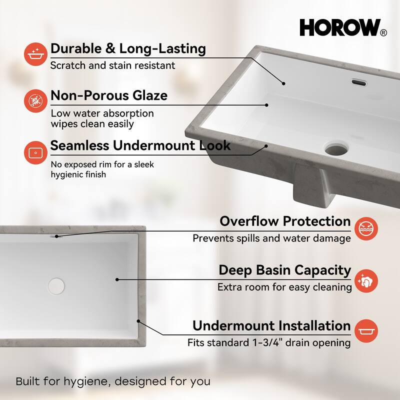 HOROW 23.63 in Rectangular Undermount Ceramic Bathroom Sink in White with Overflow Drain