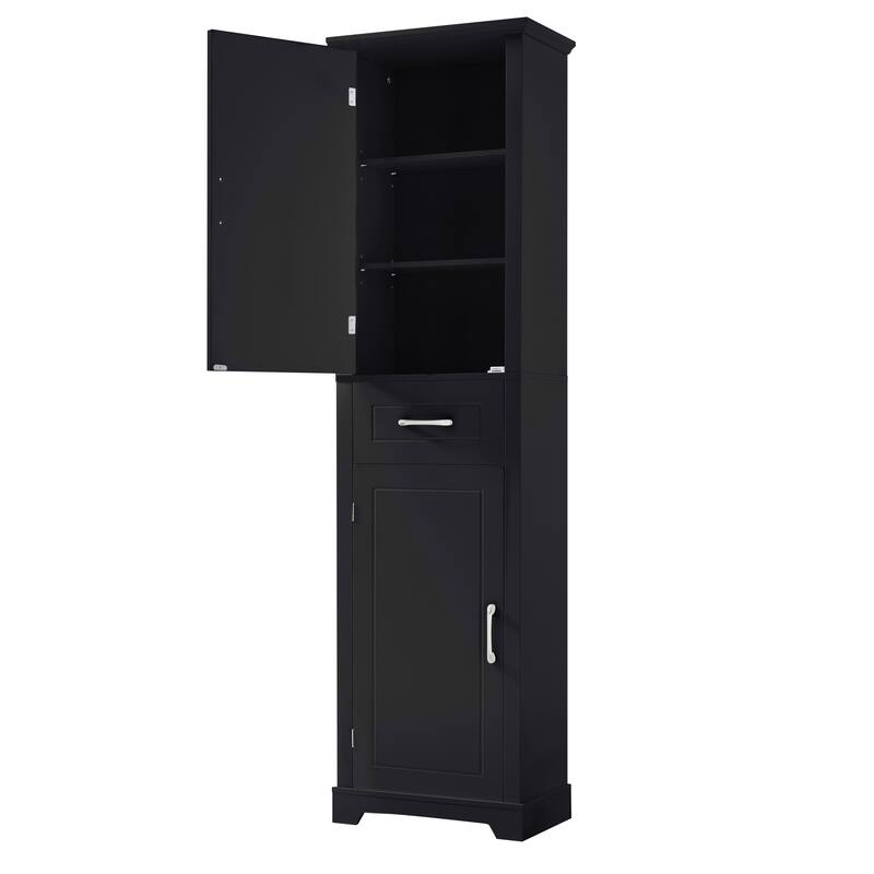 Roomfitters 63" Tall Bathroom Storage Cabinet, Freestanding Linen Tower with Door-Mounted Shelves and Drawer, Black