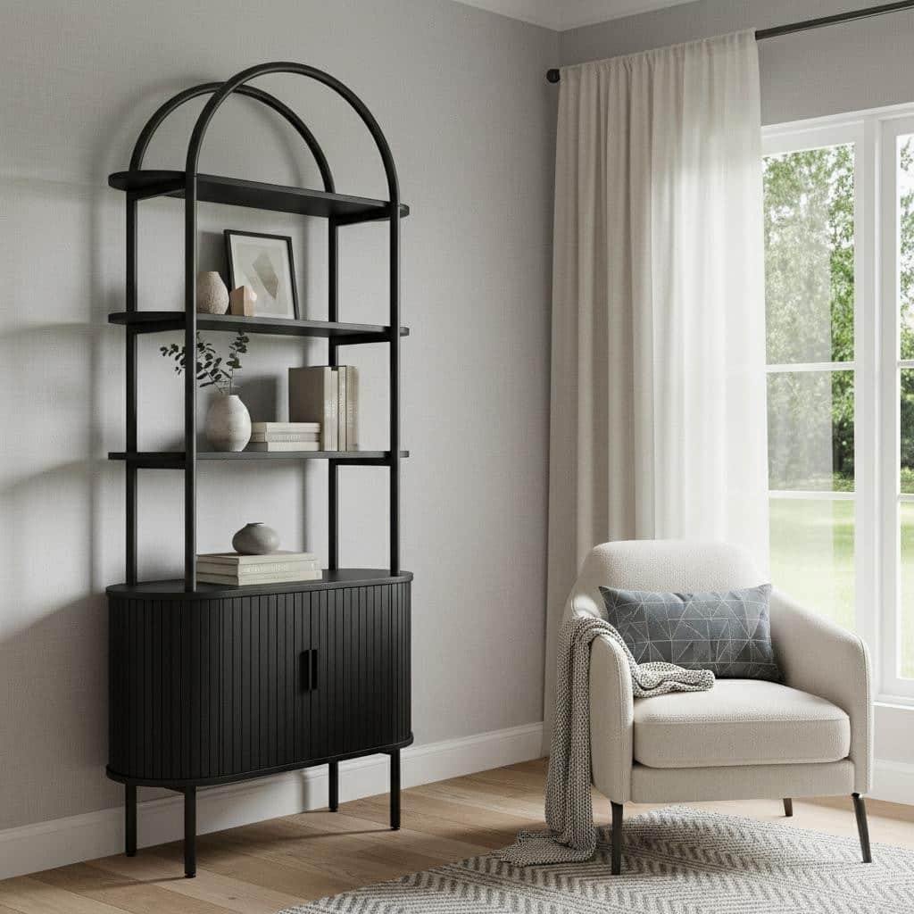HomeRoots 71" Black Wood Four Tier Arched Etagere Bookcase with Two Doors