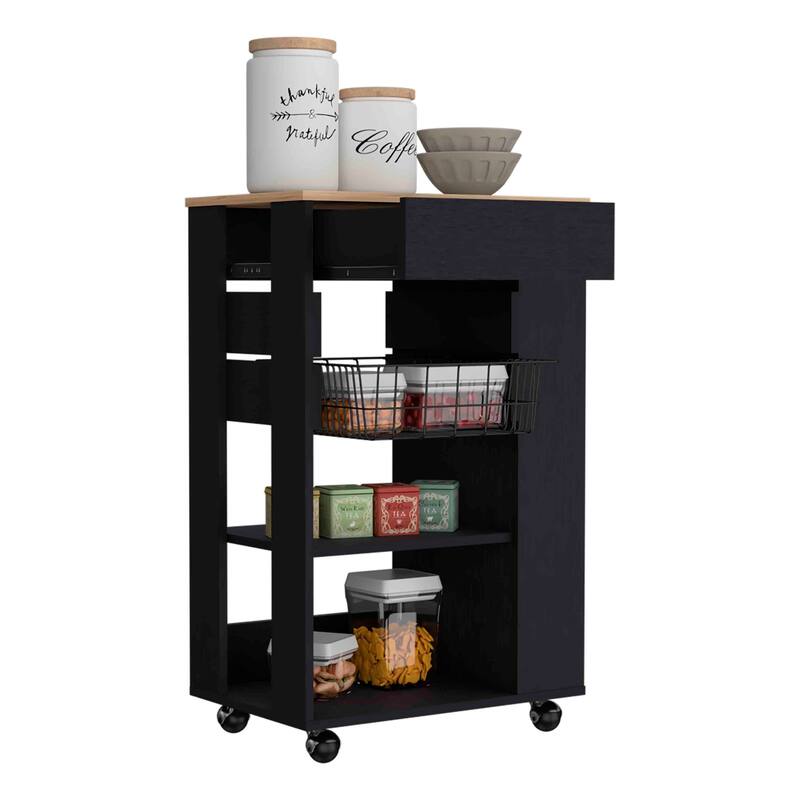 Anmytek Multifunctional Rolling Kitchen Cart 1 Drawer 2 Open Shelves Black and Light Oak