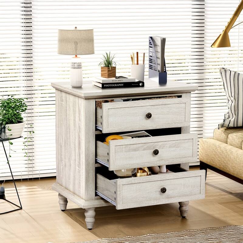Nightstand with 3 Drawers P2 Particleboard with 3D Paper Finish + Solid Wood Legs 1 Piece