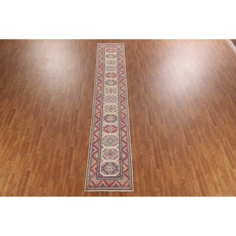 Geometric Kazak Runner Rug Handmade Beige Wool Carpet - 2'7" x 15'6"
