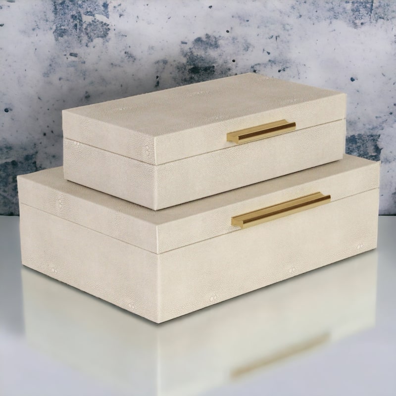 Set of 2 White Rectangular Faux Shagreen Decorative Box with Handles 11.75"