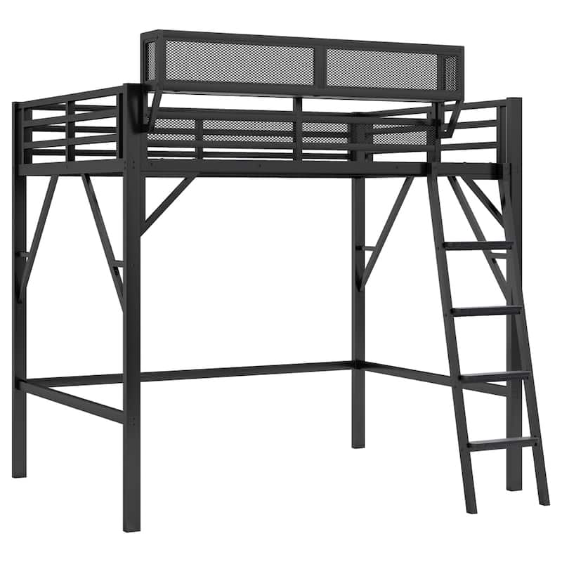 Full Size Loft Bed with Ladder,Metal Full Loft Bed w/Storage Shelves