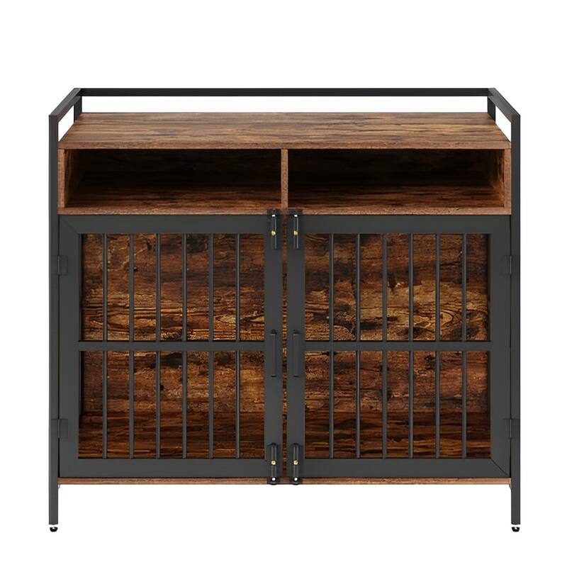 Rustic Brown Wood Metal Dog Crate, Dual-Door Pet Furniture with Storage Shelf - 41” L x 23.6” W x 36.2” H