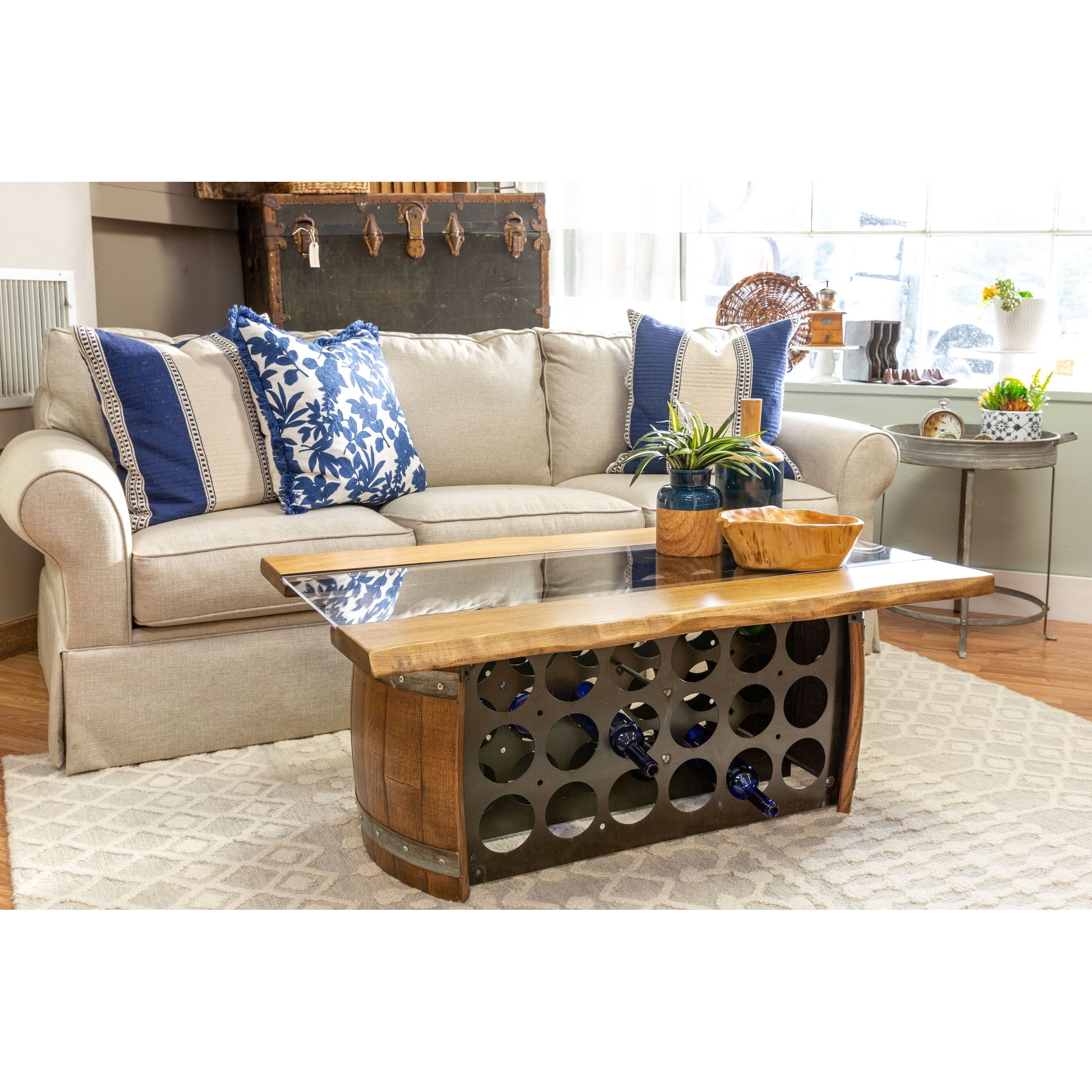 Wine barrel coffee clearance table with storage