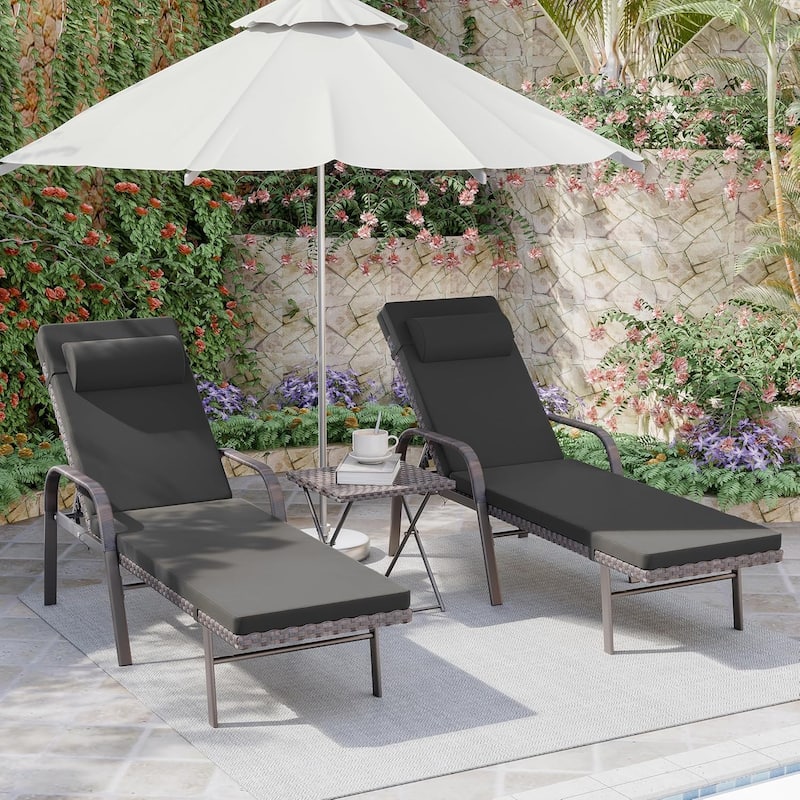 3-Piece Outdoor Wicker Chaise Lounge with Armrests and Cushions