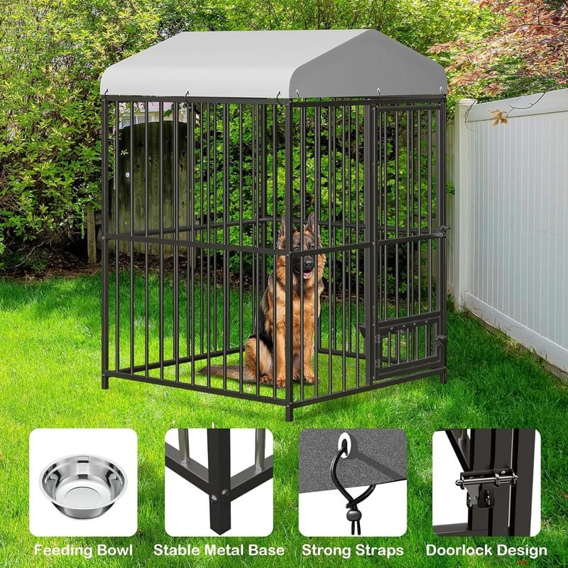 Dog Cage Kennel with Rotating Feeding Bowl Waterproof Roof Cover