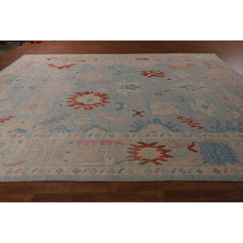 Blue Vegetable Dye Oushak Turkish Large Rug Handmade Wool Carpet - 10'4"x 14'3"
