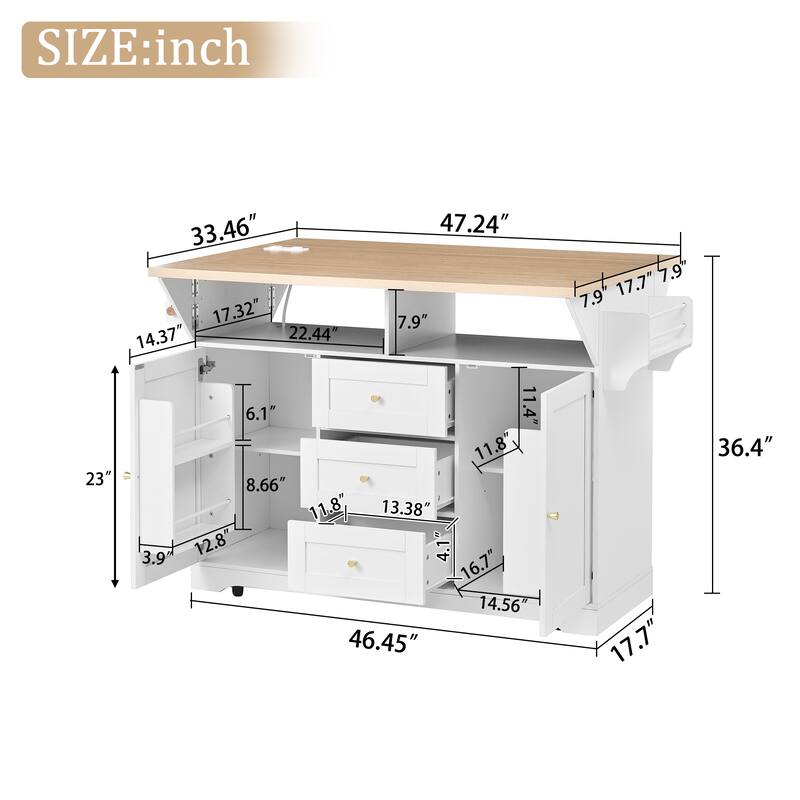 GDFStudio - Weston Modern Extendable Kitchen Island Cart with Outlet and Storage Drawers