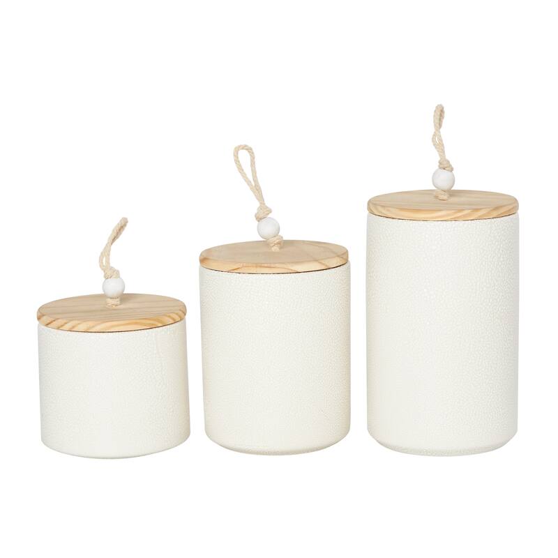 Cream or Blue Ceramic Canisters with Brown Wood Lids and Beaded Accents (Set of 3)